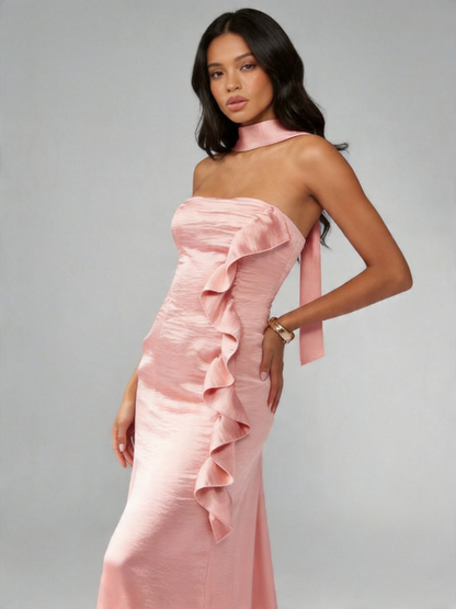 Women's Blush Pink Satin Choker Neck Ruffle Maxi Dress