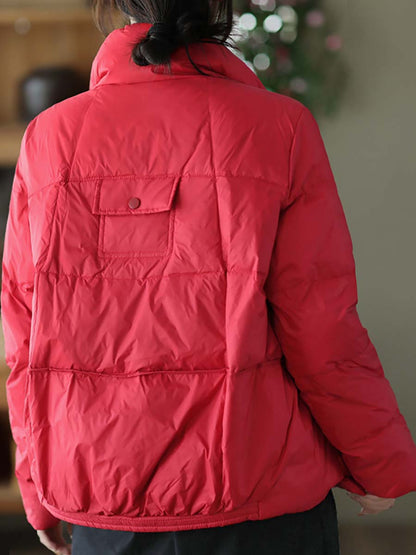 Women Casual Zipper Pocket Solid Warm Down Coat