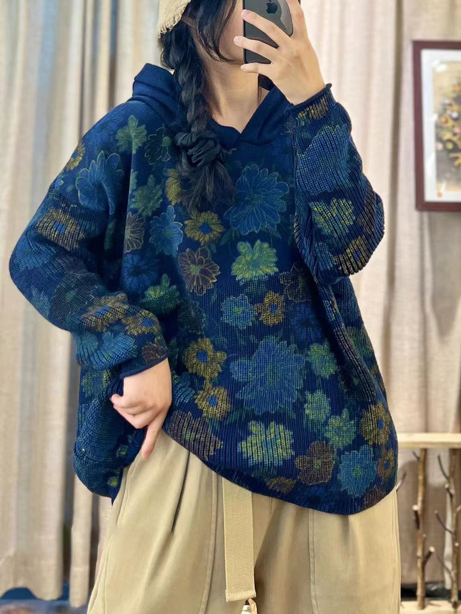 Women Autumn Cotton Print Hooded Loose Sweater