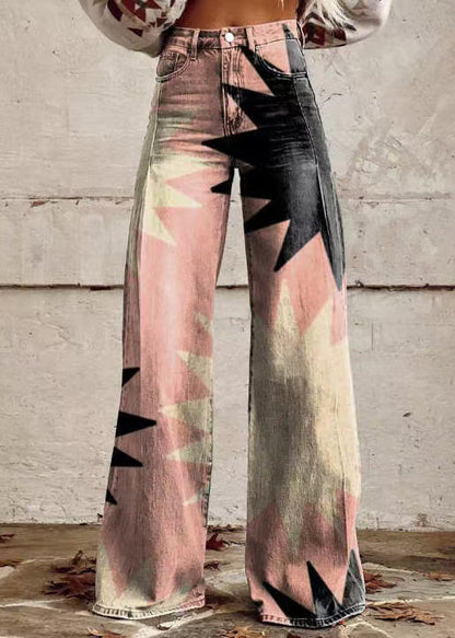 Chic Rose Print Pockets High Waist Denim Pants Spring