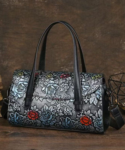 New Retro Black Embossed Calf Leather Tote Bag