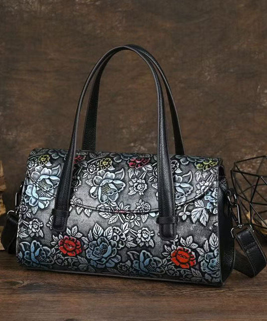 New Retro Black Embossed Calf Leather Tote Bag
