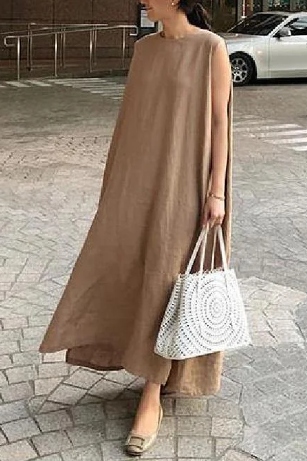 Bohemian O Neck Side Open Linen Cotton Clothes Fabrics Khaki Dress