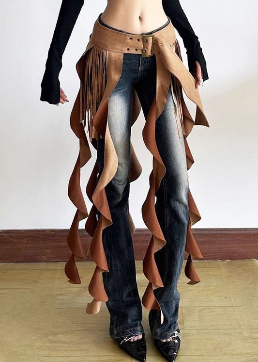 Chic Brown Patchwork Wavy Line Tassel Ribbon Sashes Skirt