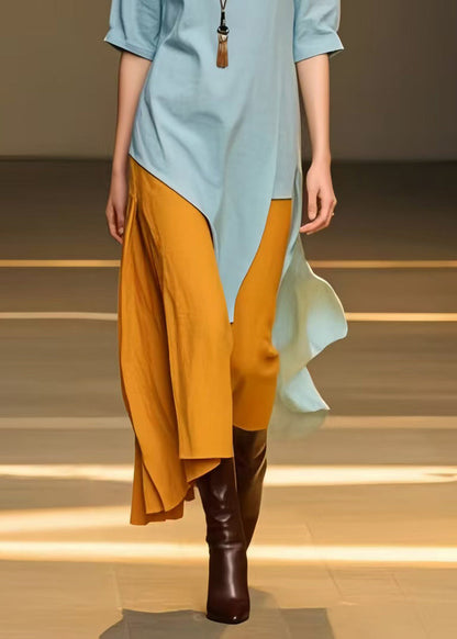 Plus Size Sky Blue Asymmetrical Patchwork Cotton Long Dress Summer
