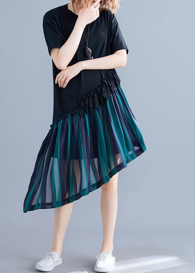 Chic o neck patchwork quilting clothes blue striped Dresses summer