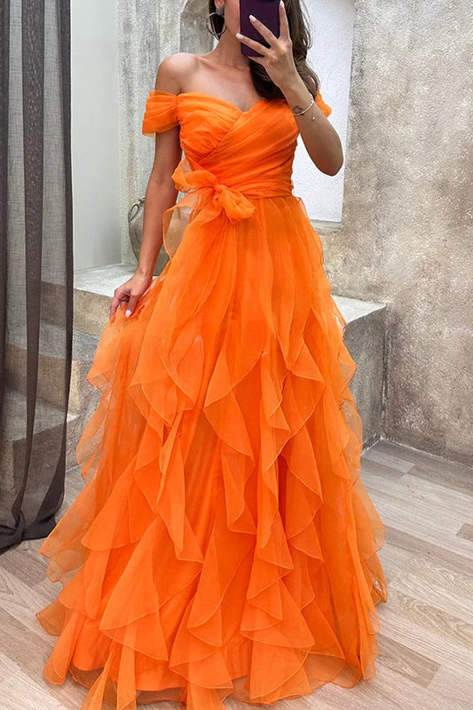 Pretty First Impression Tulle Off Shoulder Tiered Ruffle Evening Maxi Dress Yellow