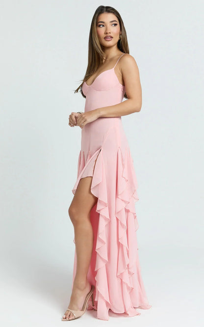 Maeve Maxi Dress - V Neck Ruffle Tier Slip Dress In Pink