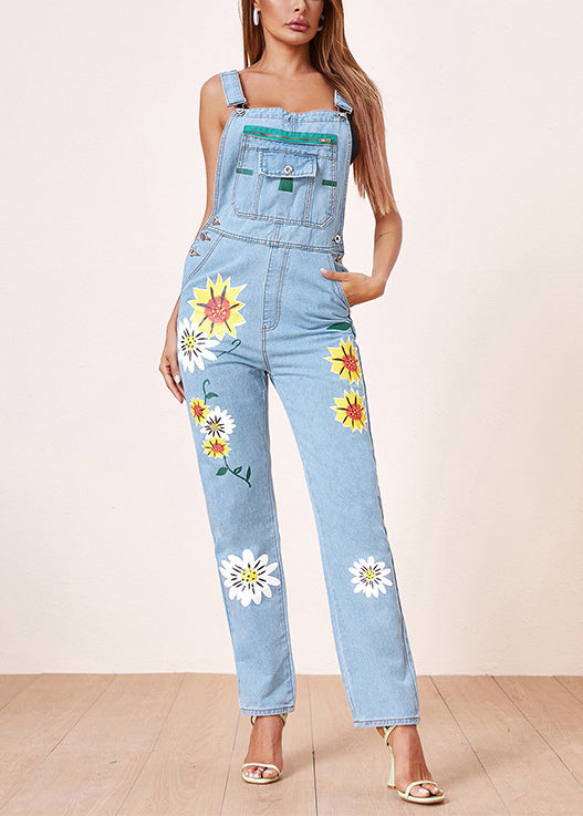 Casual Light Blue Print Pockets High Waist Denim Jumpsuits Sleeveless