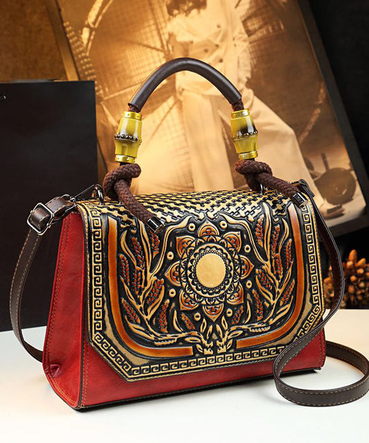 Handmade Retro Brown Embossed Calf Leather Tote Handbag