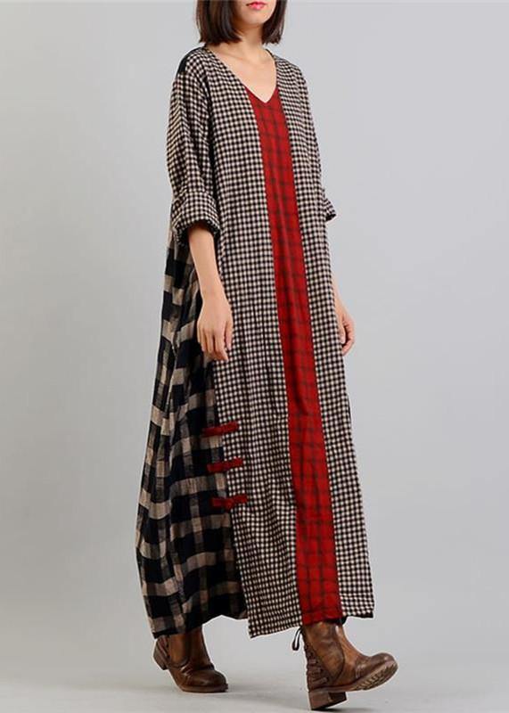2019 black Plaid autumn Loose fitting v neck patchwork traveling clothing vintage Chinese Button dresses