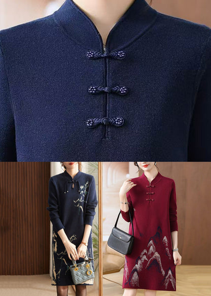 Beautiful Navy Print Patchwork Cotton Knit Long Sweater Dress Long Sleeve