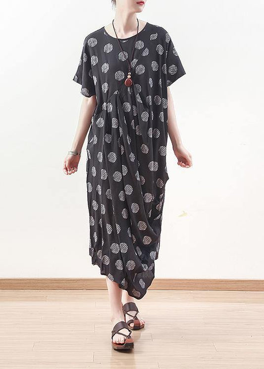French black prints linen dress Casual Sewing draping long summer Dresses