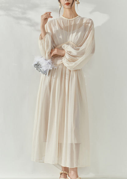 French Beige O-Neck Tunic Tulle Long Dresses Lantern Sleeve