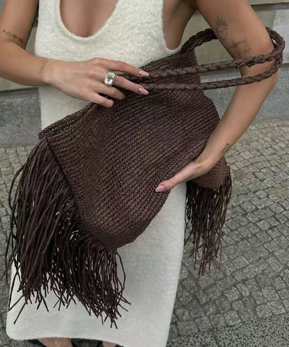 Fashion And Versatile Coffee Woven Tassel Design Shoulder Bag