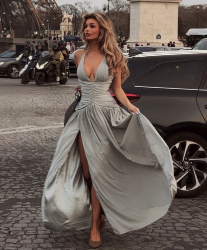 French Halter Deep V Ruched Slit Flare Maxi Dress | Luxury Elegant Waist-Cinching Slimming Evening Gown
