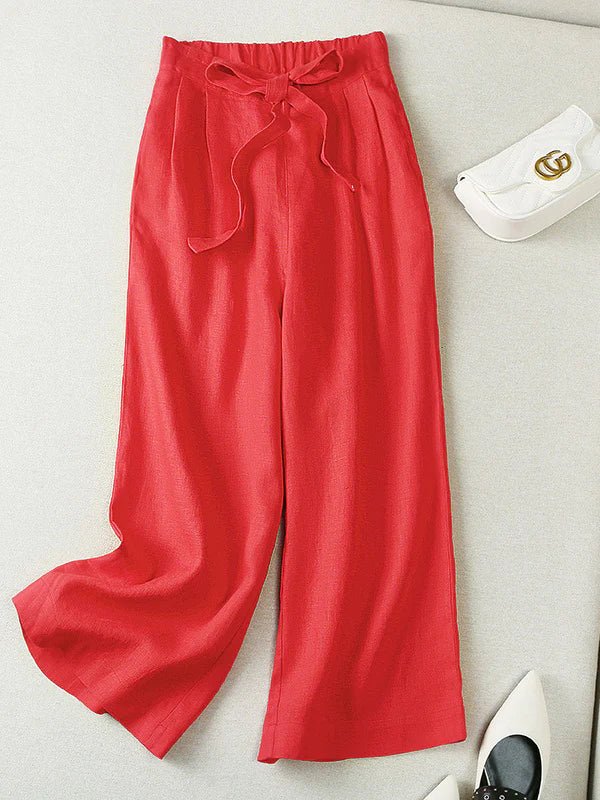 Loose Linen Loose Solid Bowknot Straight Pants