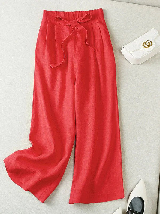 Loose Linen Loose Solid Bowknot Straight Pants