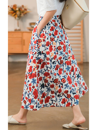 Floral Casual Elastic Waist Cotton Skirt