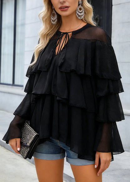 Fine Black Ruffled Patchwork Chiffon Blouse Top Spring