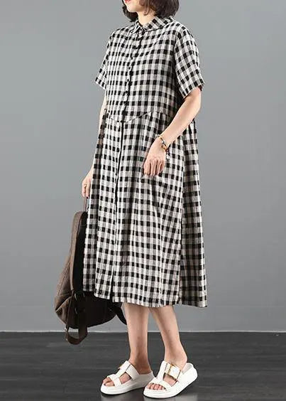 Bohemian lapel Cinched summer dress Work black plaid Maxi Dresses