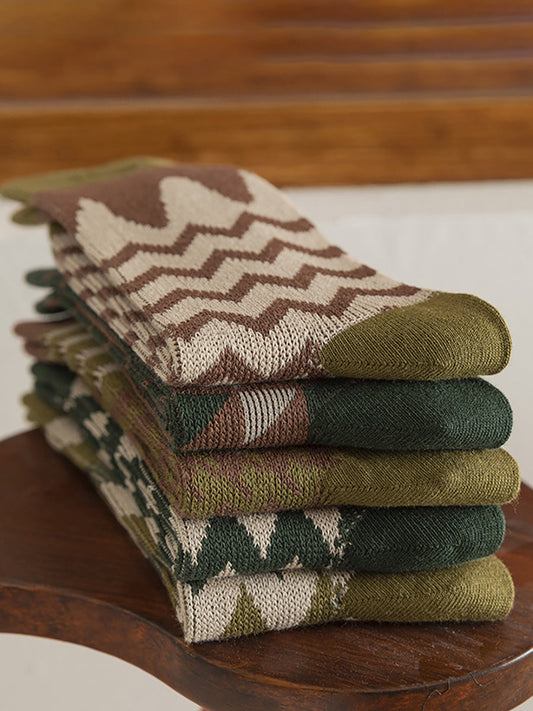 5 Pairs Women Vintage Mid Tube Striped Cotton Socks