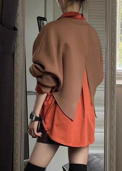 Plus Size Coffee Peter Pan Collar Sweatshirt And Shirts Two Piece Set Spring