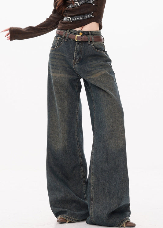 Retro Dark Blue Pockets High Waist Denim Wide Leg Pants Fall