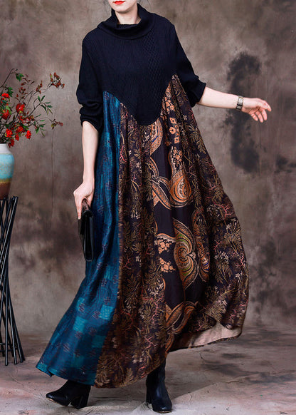 Casual Blue Patchwork Coffee Turtleneck Print Silk Maxi Dress Long Sleeve