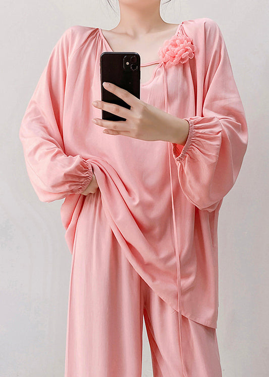 Loose Pink V Neck Floral Cotton Pajamas Two Piece Set Fall