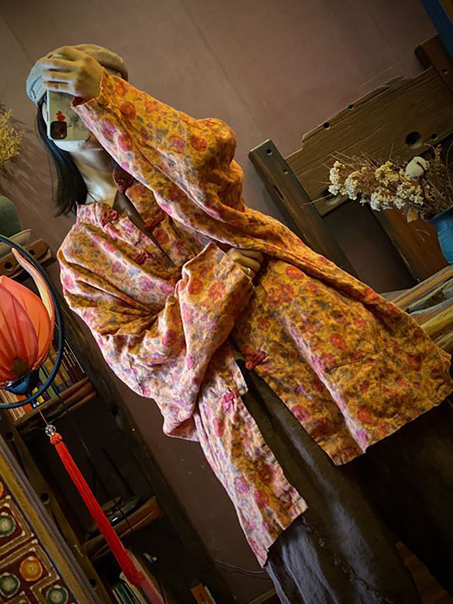 Women Print Vintage Linen Loose Coat