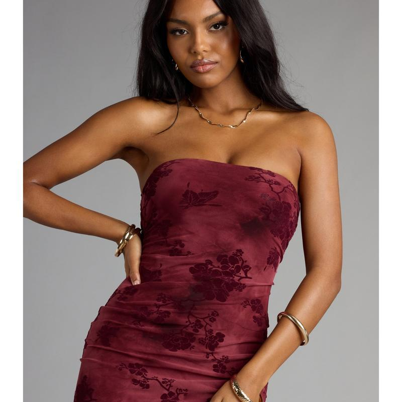 Seductive Strapless Floral Velvet Midi Bodycon Dress