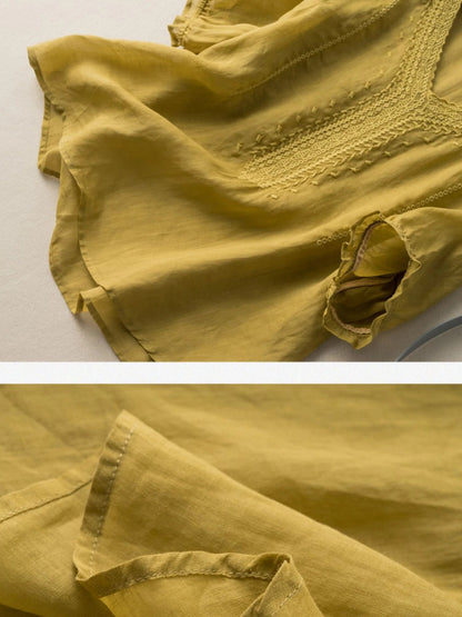 Solid Color V Neck Short Sleeve Casual Linen Top