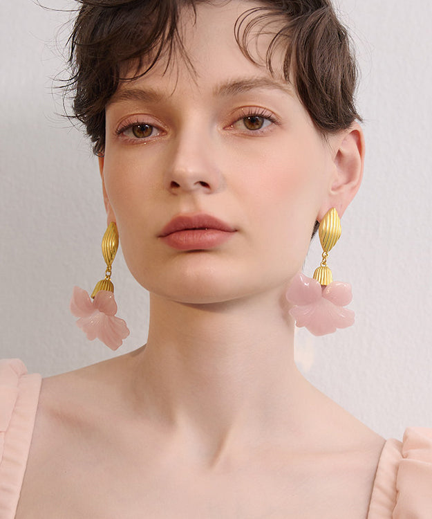 Fine Pink Floral Exaggeration Gold Plated Drop Earrings
