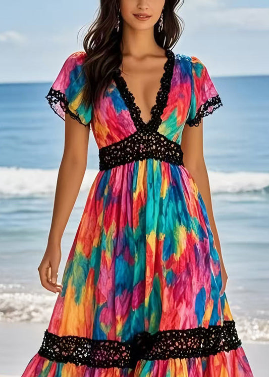 Beautiful Rainbow Cinched Patchwork Chiffon Vacation Dresses Summer