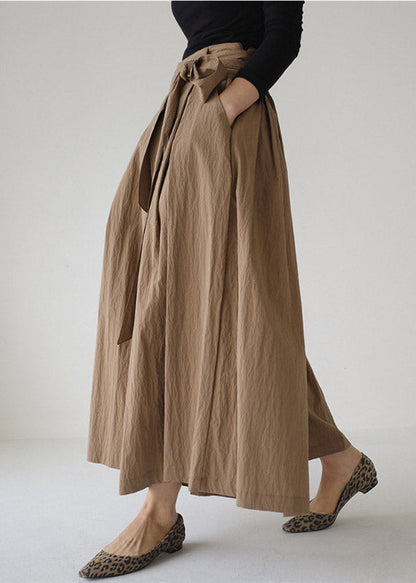 Vogue Khaki Pockets Tie Waist Corduroy Wide Leg Pants