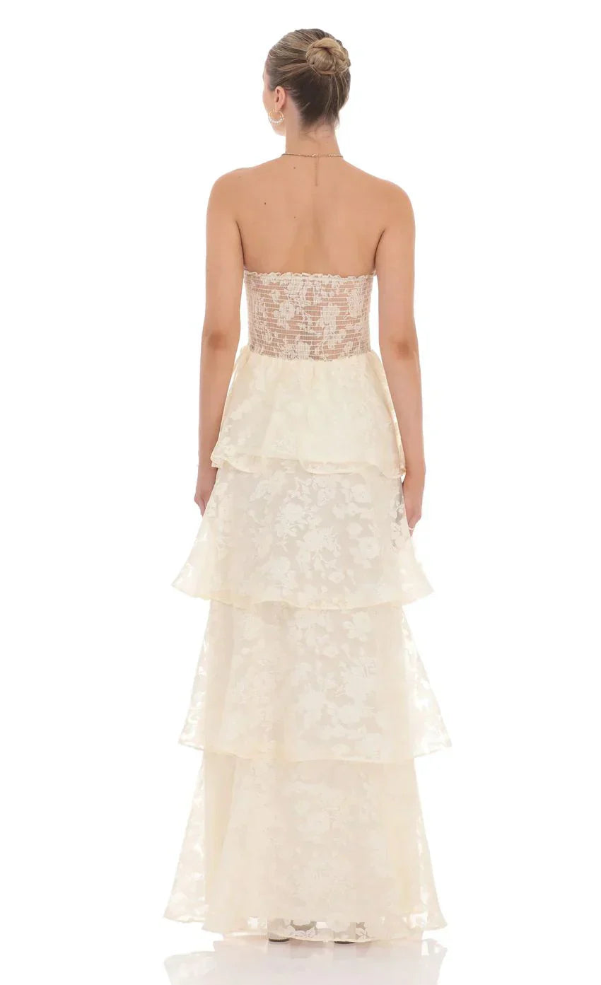 Floral Smocked Ruffle Maxi Dress In Cream