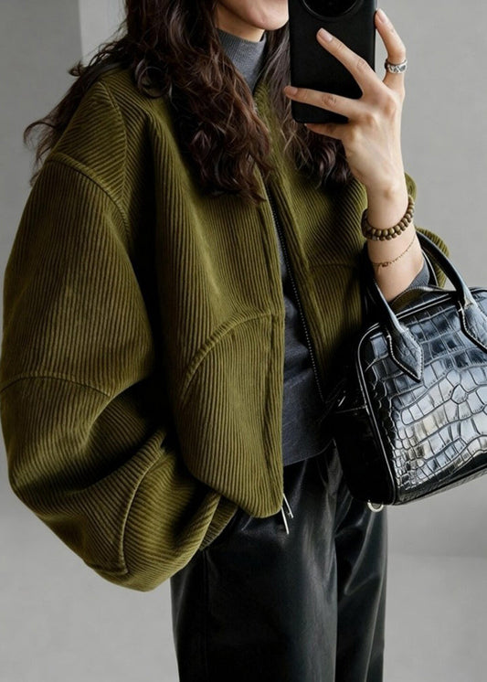 Plus Size Tea Green Oversized Pockets Corduroy Coat Spring