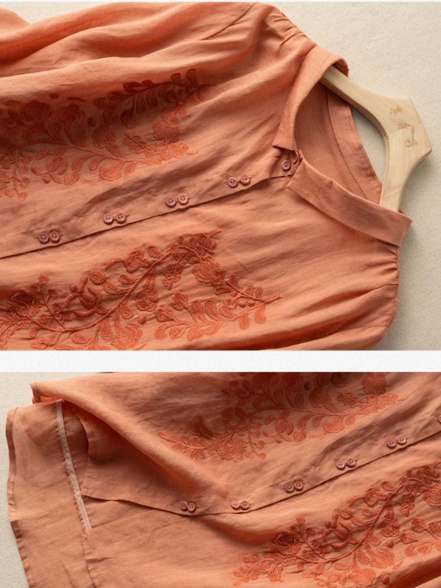Embroidered 3/4 Sleeve Casual Linen Shirt Top