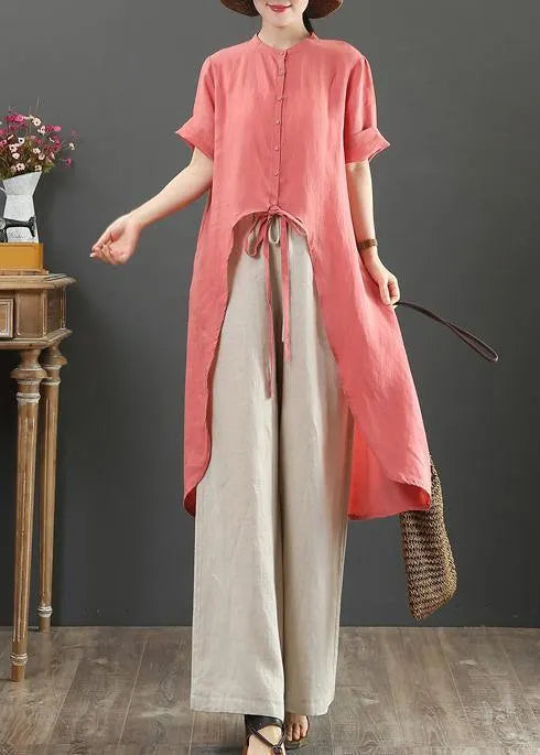 Loose stand collar asymmetric linen shirts Tutorials red tops