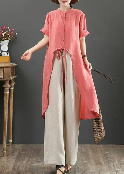 Loose stand collar asymmetric linen shirts Tutorials red tops