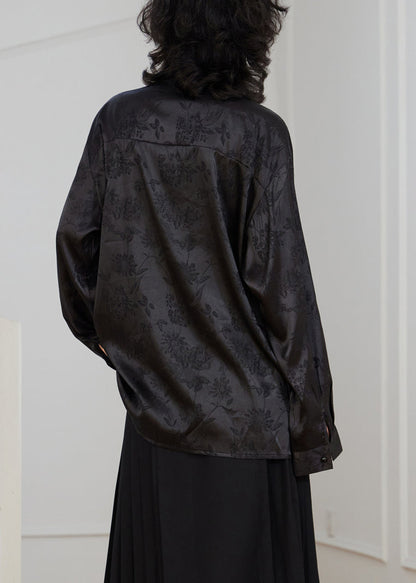 Chinese Style Black Stand Collar Button Silk Blouse Fall