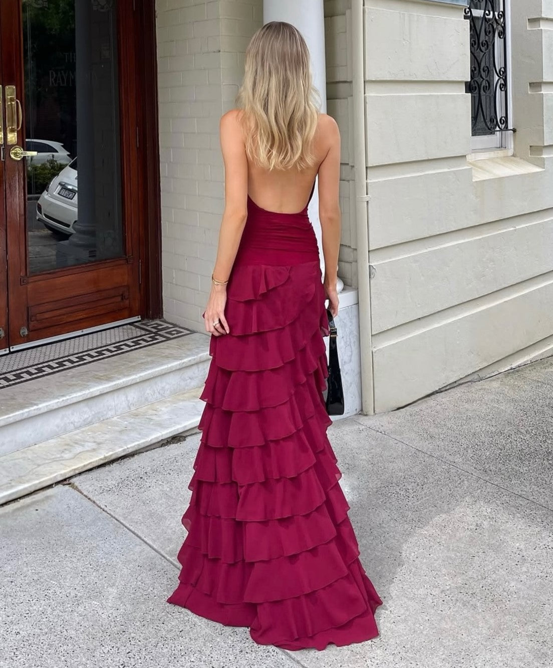 Burgundy Halter Ruched Rose Accent Ruffled Backless Maxi Dress