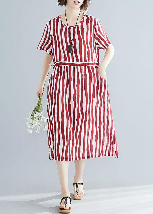 Handmade red striped clothes Women o neck drawstring Art summer Dress