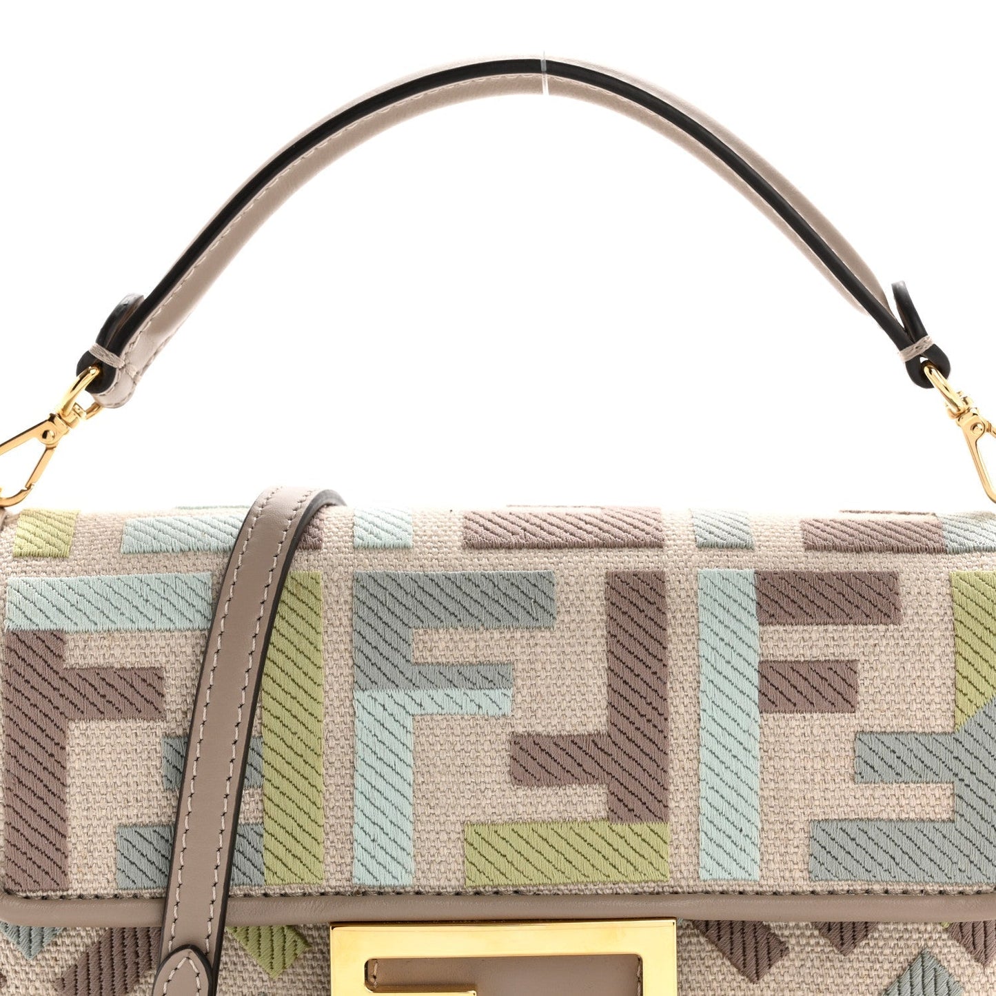 Canvas Vitello King Seta FF Embroidered Mini Baguette Matcha Milk Dove
