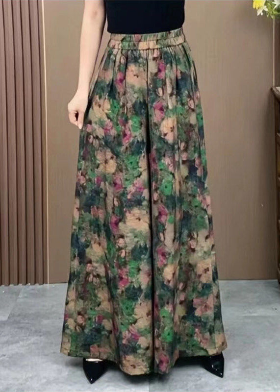Plus Size Green Elastic Waist Print Ice Silk Wide Leg Pants