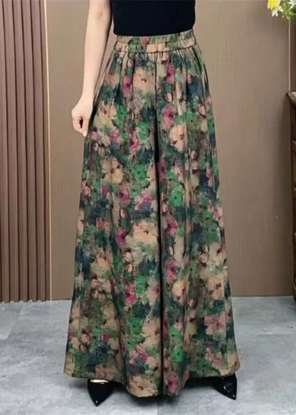 Plus Size Green Elastic Waist Print Ice Silk Wide Leg Pants