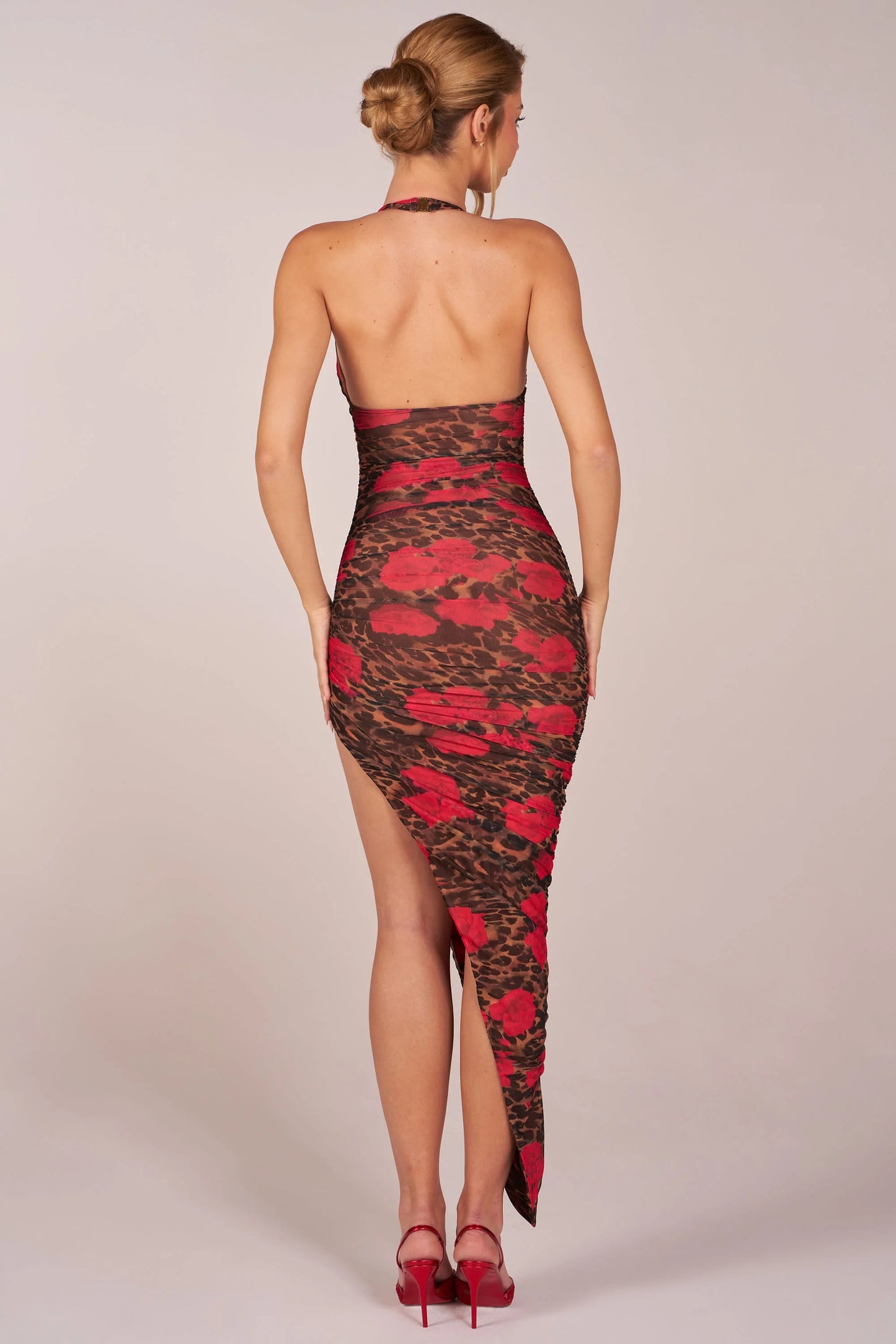 Halterneck Split Hem Midaxi Dress in Rose Leopard Print