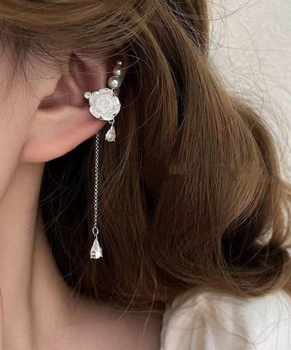 DIY White Copper Zircon Asymmetrical Rose Pearl Tassel Drop Earrings