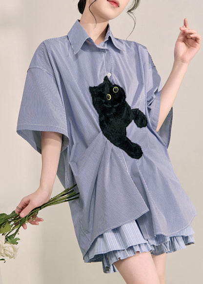 Casual Blue Peter Pan Collar Little Cats Striped Shirts Summer
